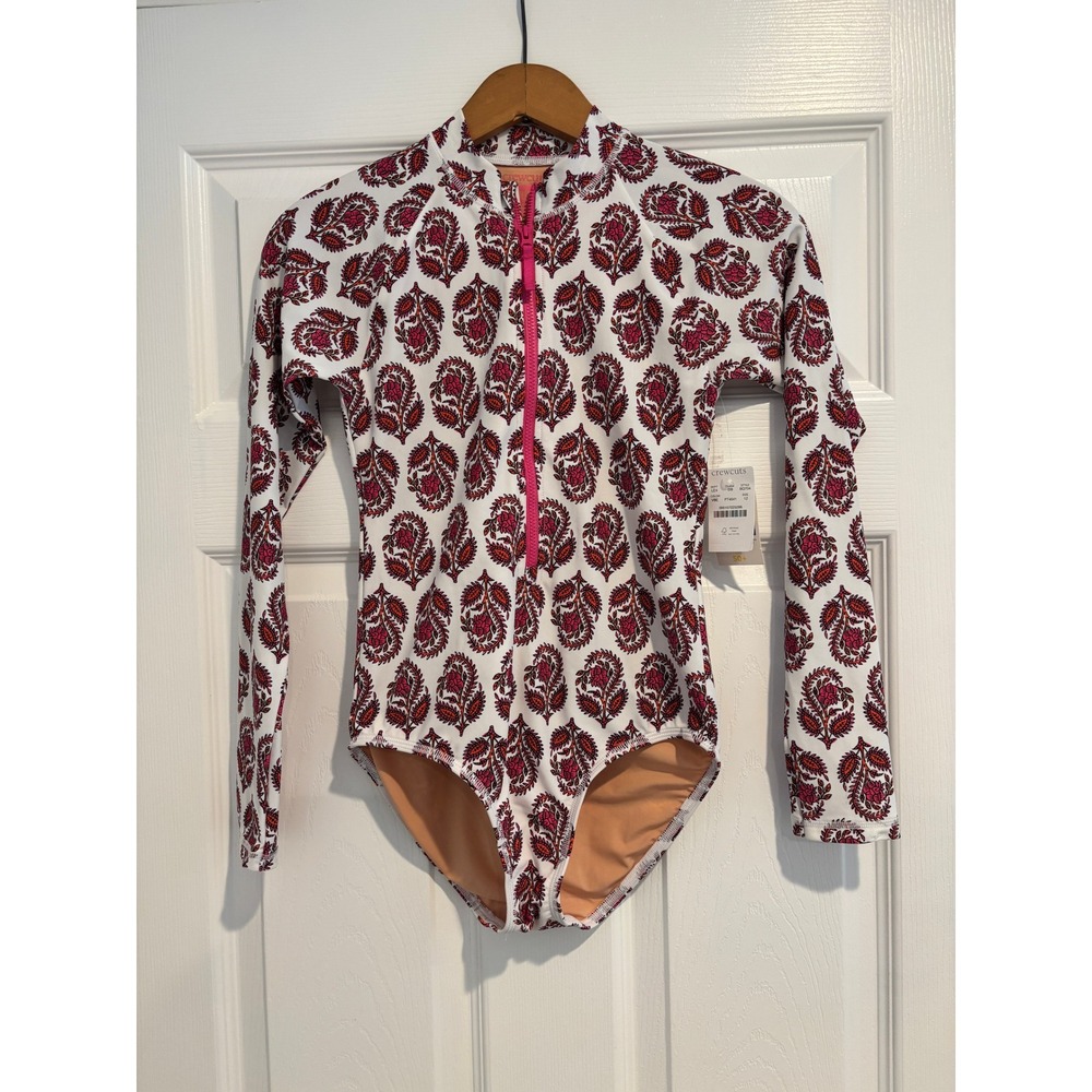 NWT Crewcuts Pink Orange Paisley Long Sleeve Rash Guard Swimsuit UPF Size 12